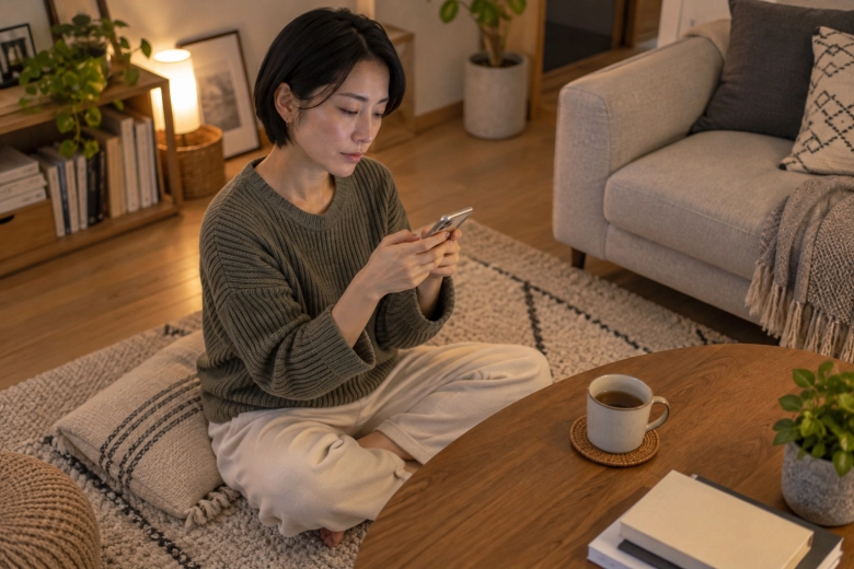 落ち着いて短い断りの返信をする女性
