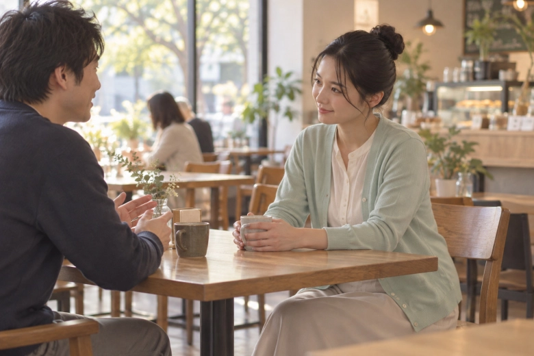 休日にカフェで知人と話す女性
