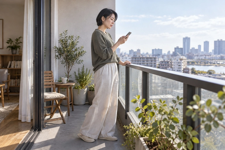 ベランダで届いたメッセージを確認する女性