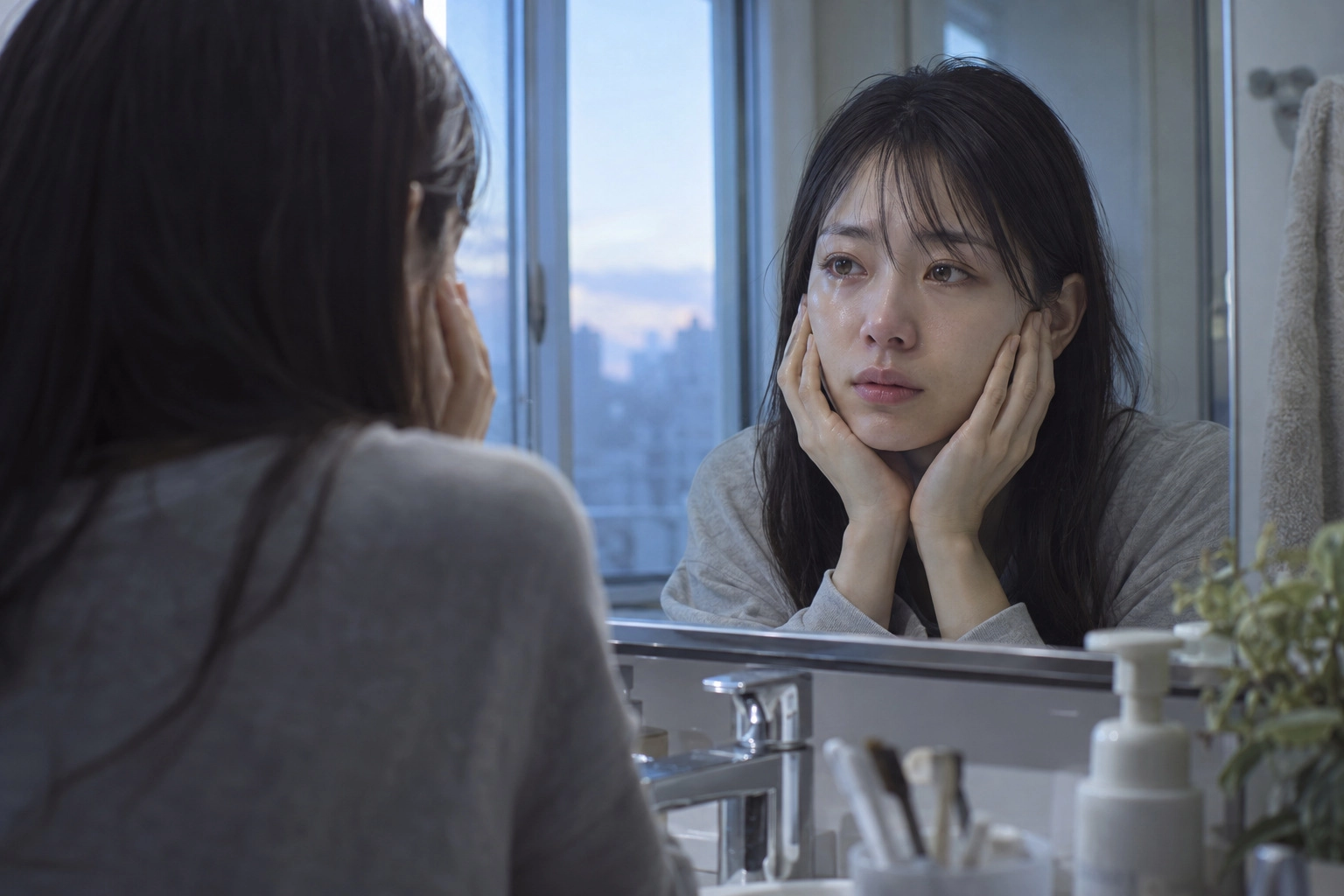 鏡を見ながら気持ちを落ち着ける女性
