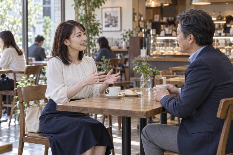 公共のカフェで年上の男性と話す女性