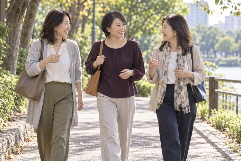 公園で友人と散歩する女性