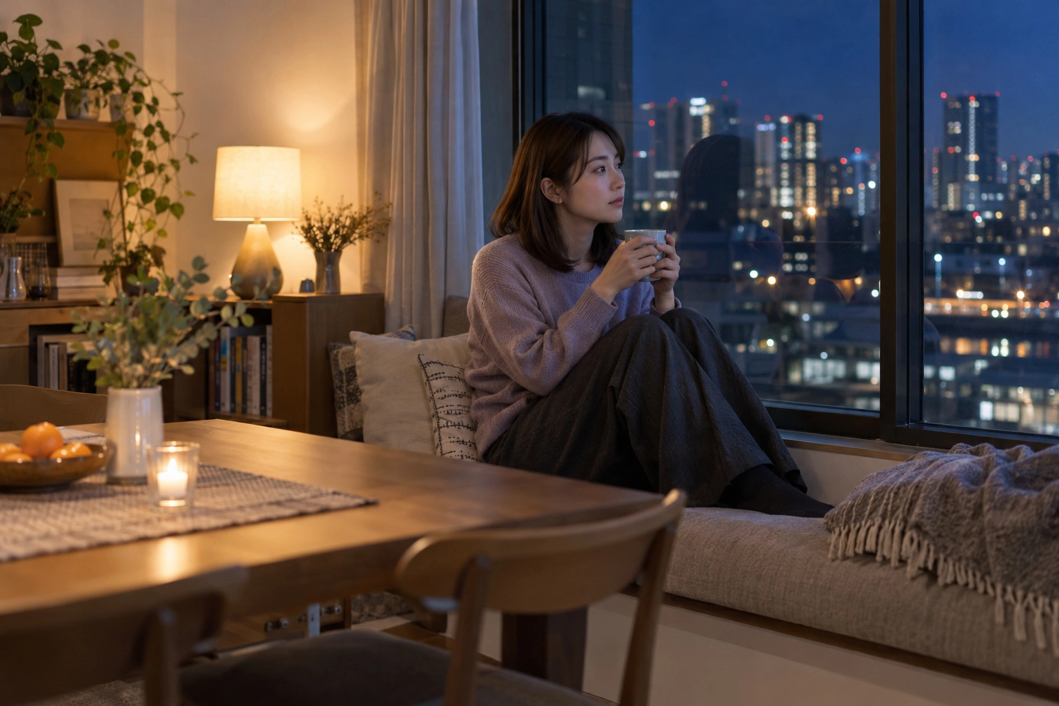 夜の窓辺で気持ちを整理する女性