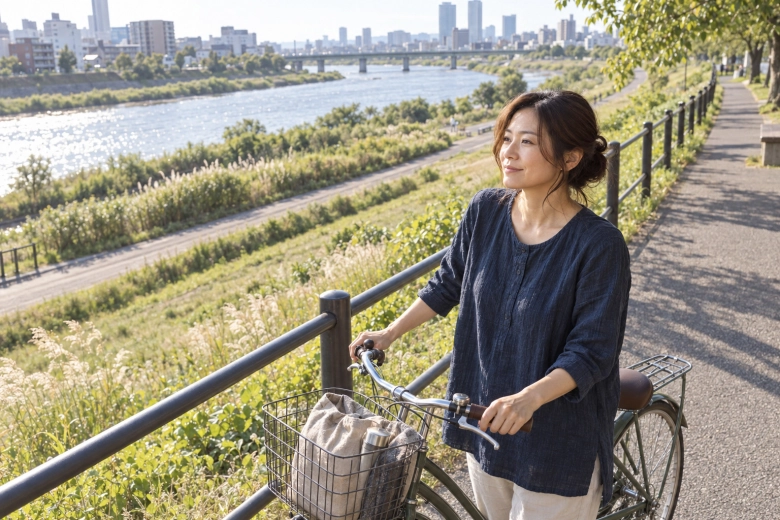 自転車で川沿いへ出かけた女性