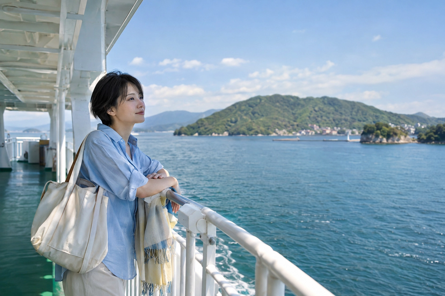 船上から春の海を眺める女性