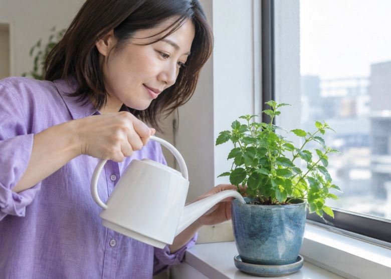 部屋の植物の世話をする女性