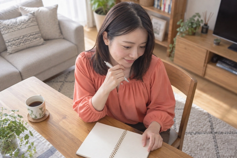 ノートを広げて気持ちを整理する女性