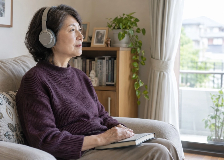 自分のスペースで、音楽を聴いて過ごす女性