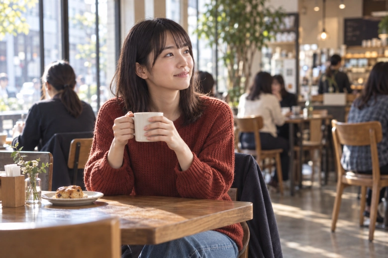 明るいカフェでくつろぐ女性