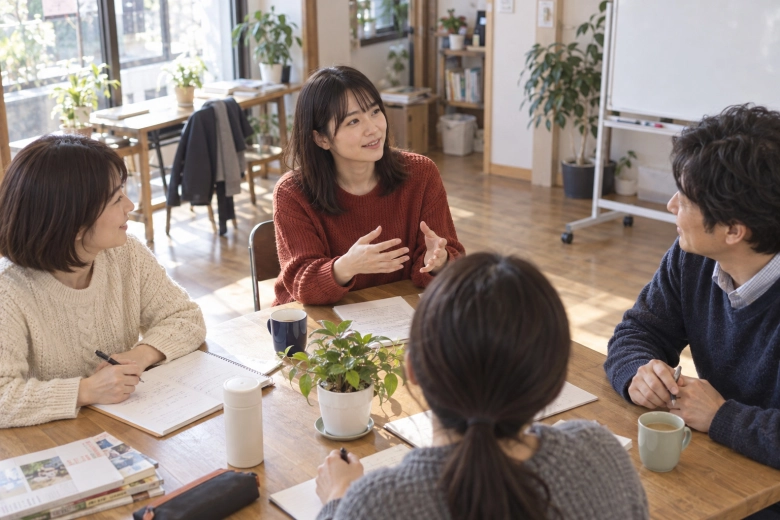 地域の教室で参加者と話す女性