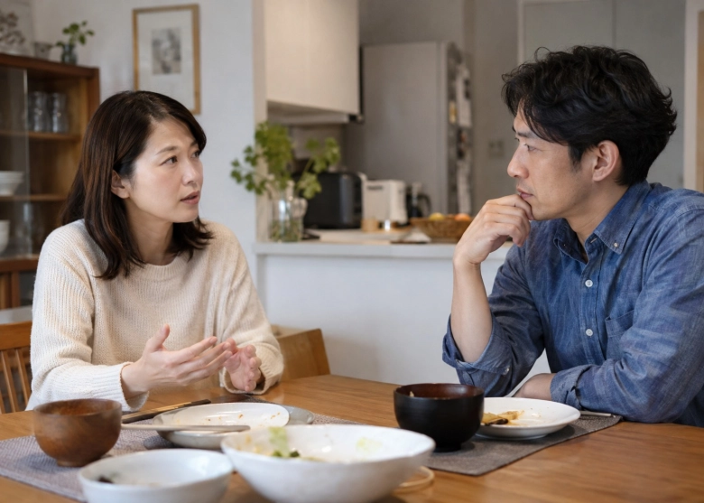 食事のあと、落ち着いて二人のことを話し合う場面