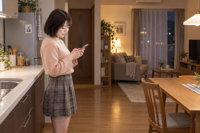 自宅でメッセージを考える女性