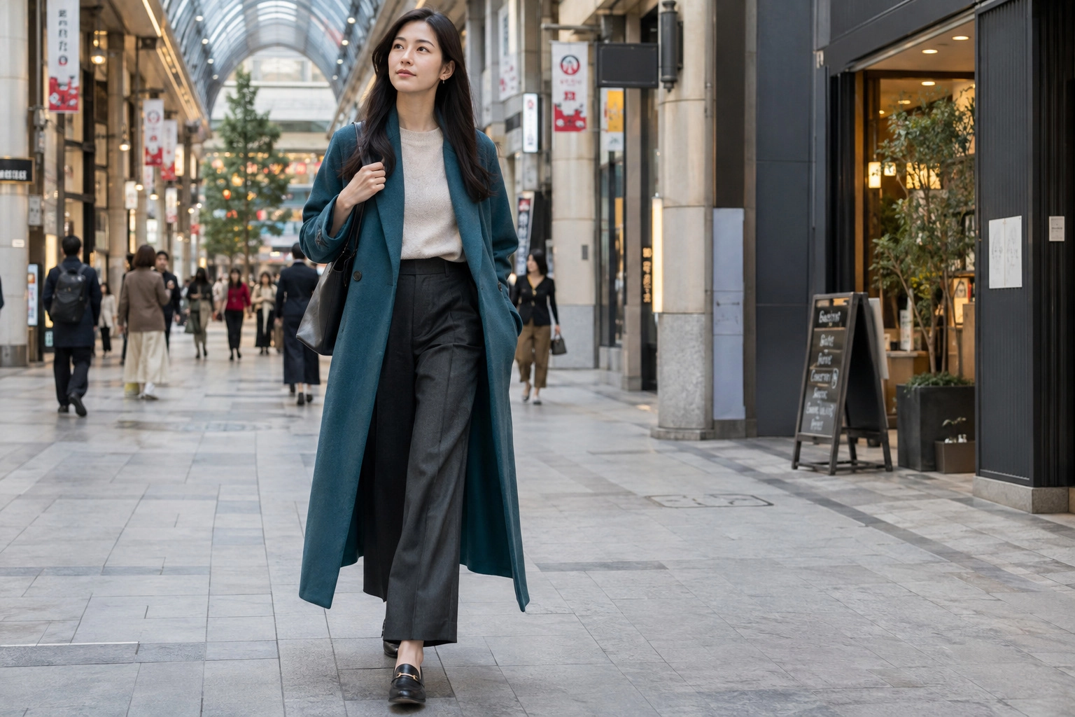 フラットシューズで街を歩く背の高い女性