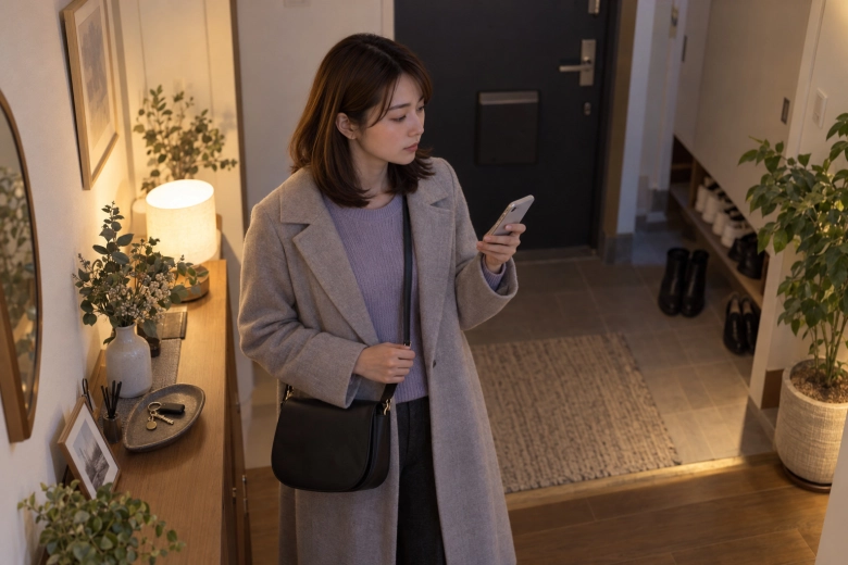 外出前に連絡や帰りの予定を確認する女性