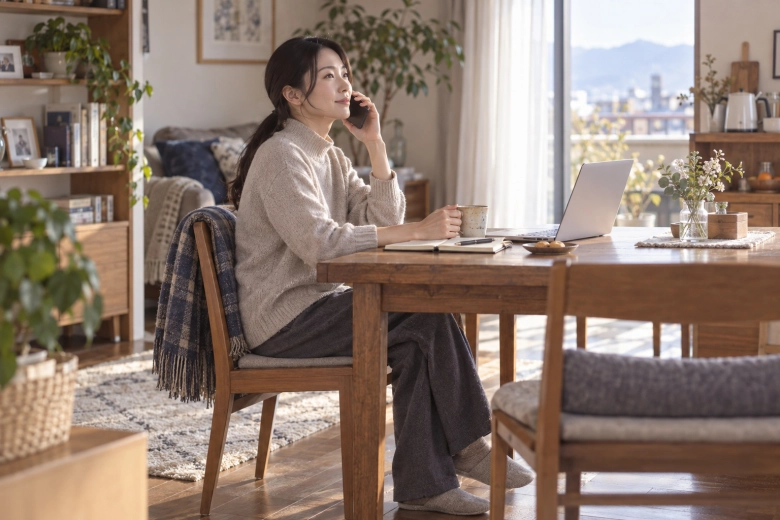 自宅から家族と電話をする女性