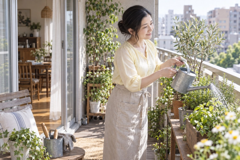 ベランダの植物に水をやる女性