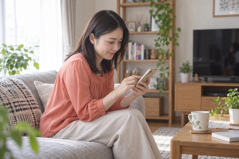 自宅でスマートフォンの設定を確認する女性