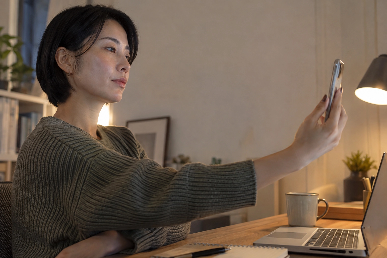 落ち着いた表情で断りの連絡を考える女性