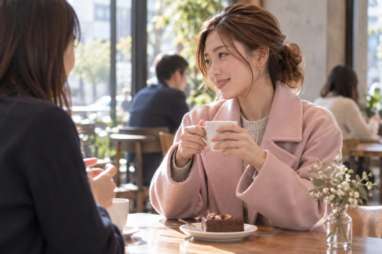 カフェで知人と話す女性