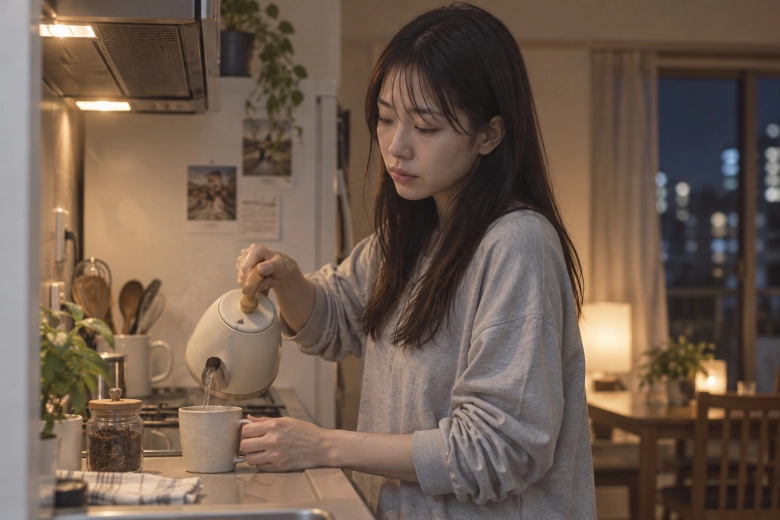 自宅で温かいお茶を用意する女性