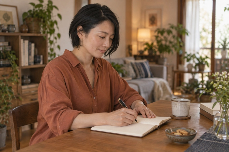 自分の考えをノートに書く女性