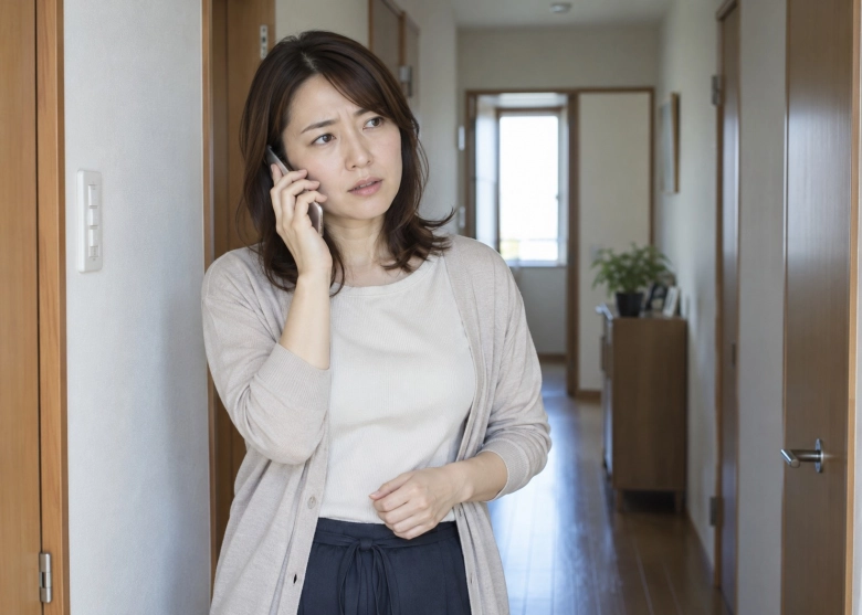 避妊について不安があり、早めに電話で相談する女性