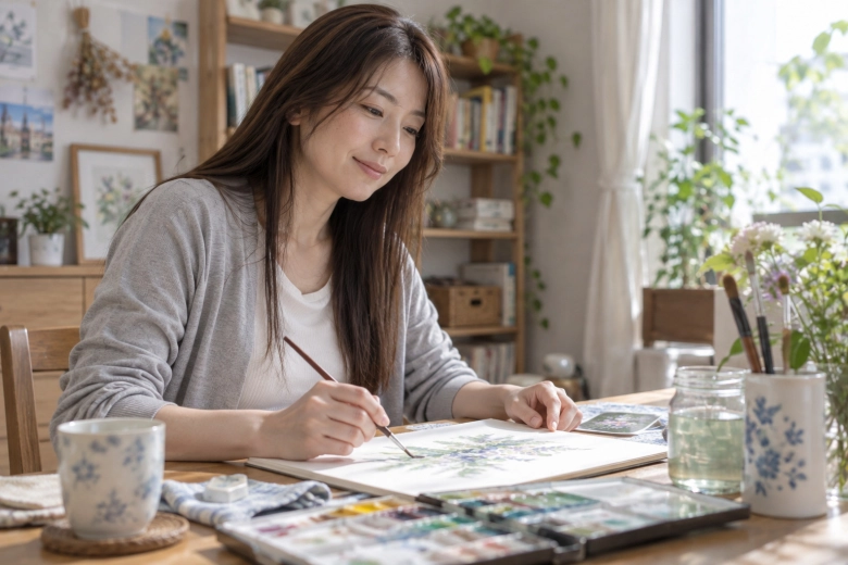 自宅で水彩画を描く女性