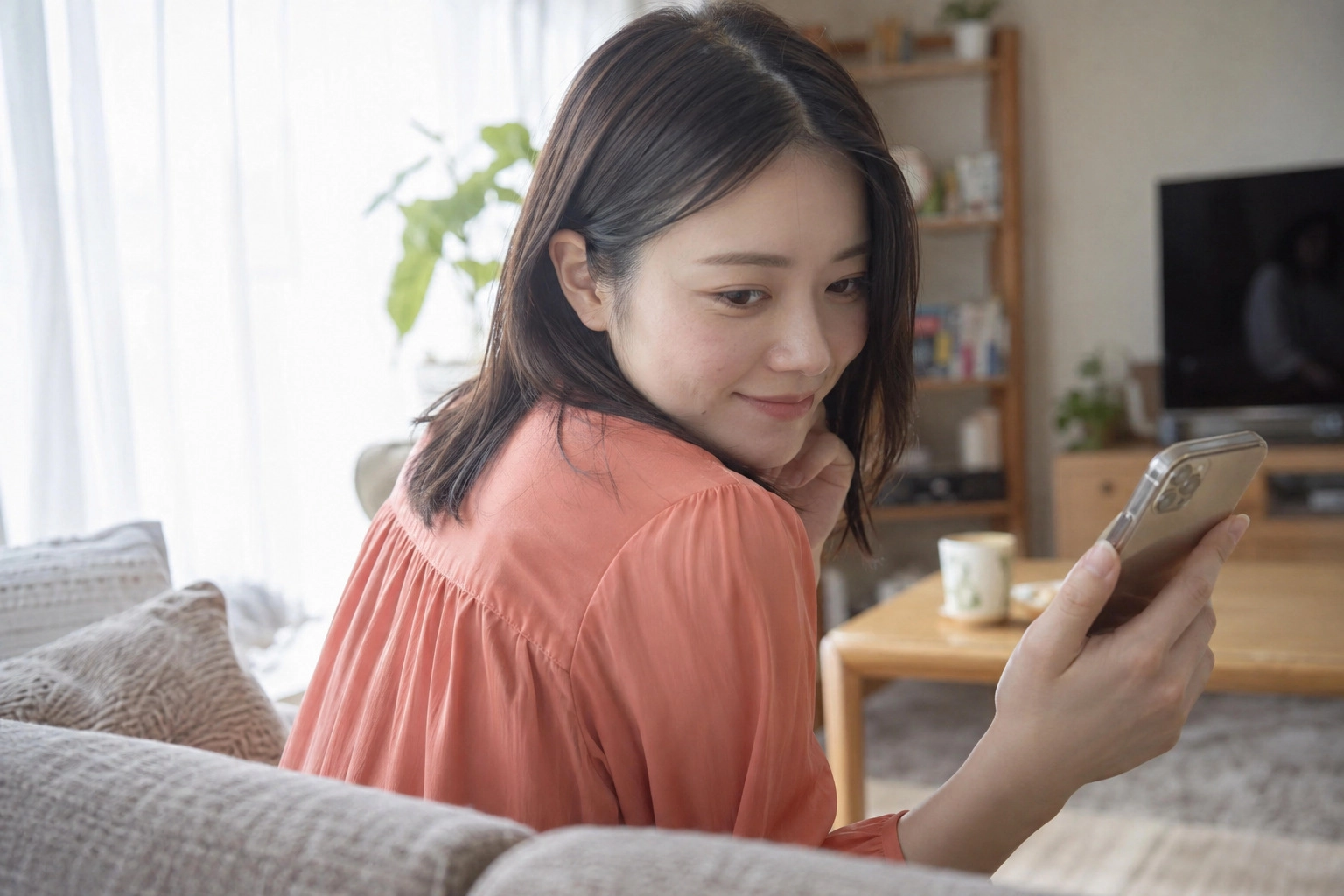 スマートフォンを見ながら出会いについて考える女性