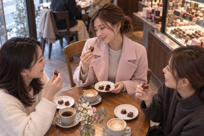 友人とチョコレートを味わう女性