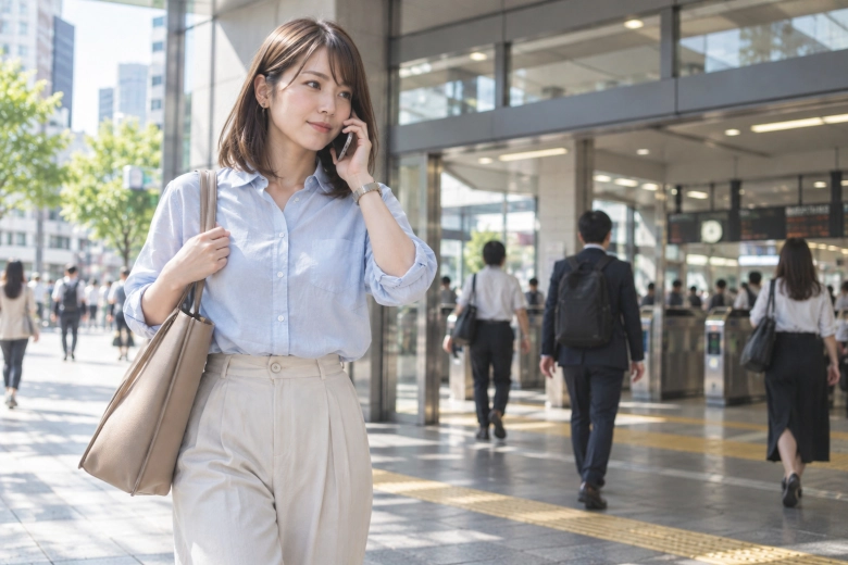 駅の入口へ向かう女性