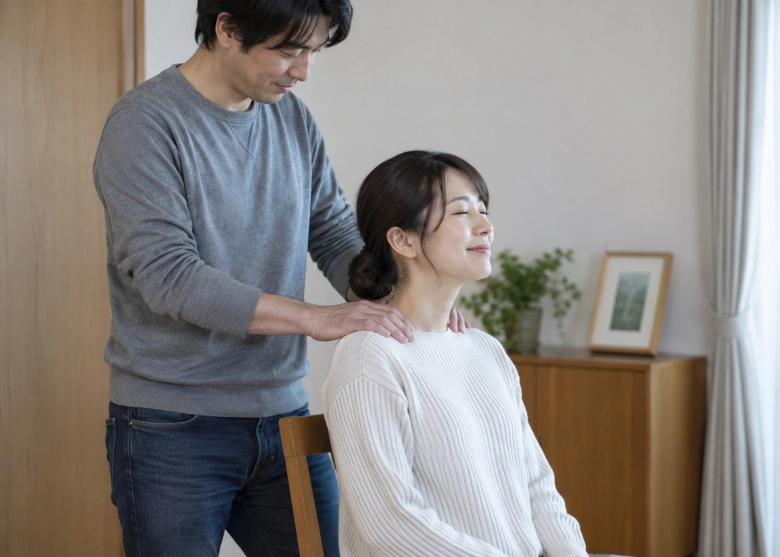 服の上から肩をほぐしてもらう女性