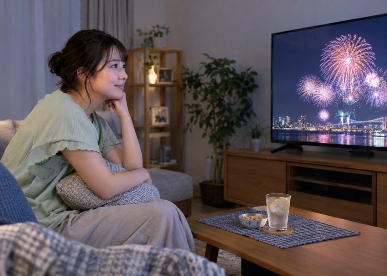 自宅で、花火の配信を楽しむ女性