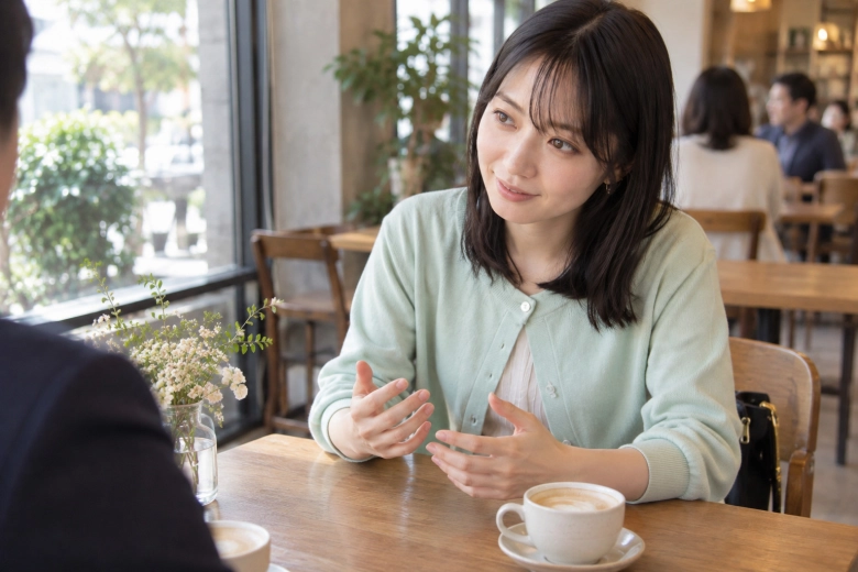 明るい公共のカフェで初めて会う男女