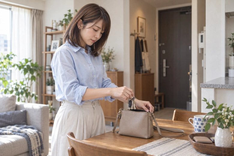 外出前に鍵とバッグを準備する女性