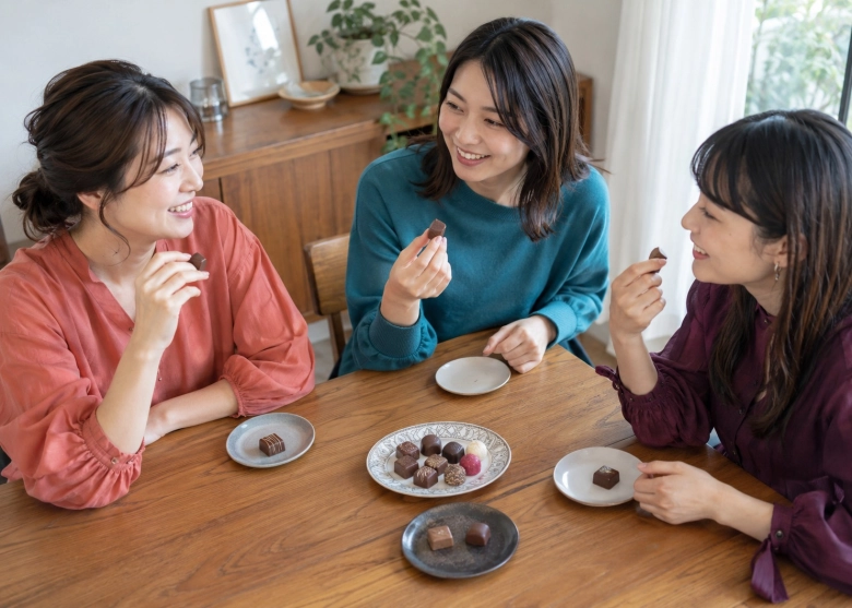友達とチョコを持ち寄り、会話を楽しむ場面