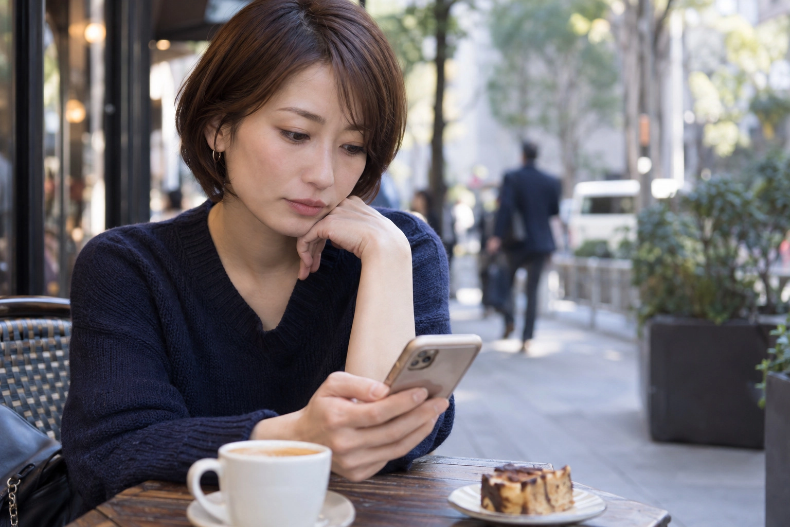 カフェのテラスで連絡について考える女性