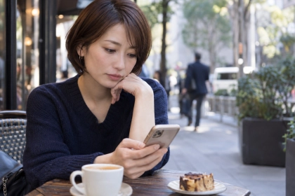 カフェのテラスで連絡について考える女性