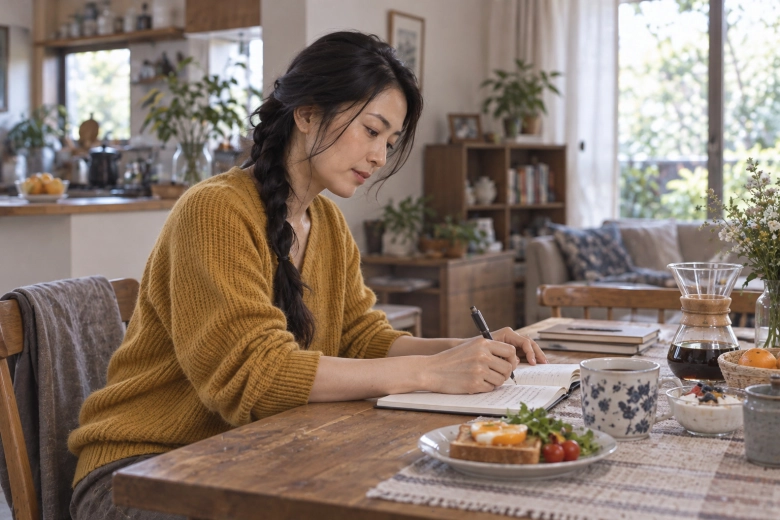 朝食のテーブルで気持ちをノートに書く女性