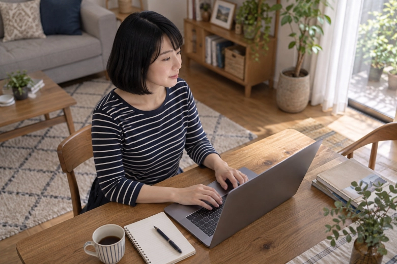 自宅でプロフィールを考えながらパソコンを使う女性