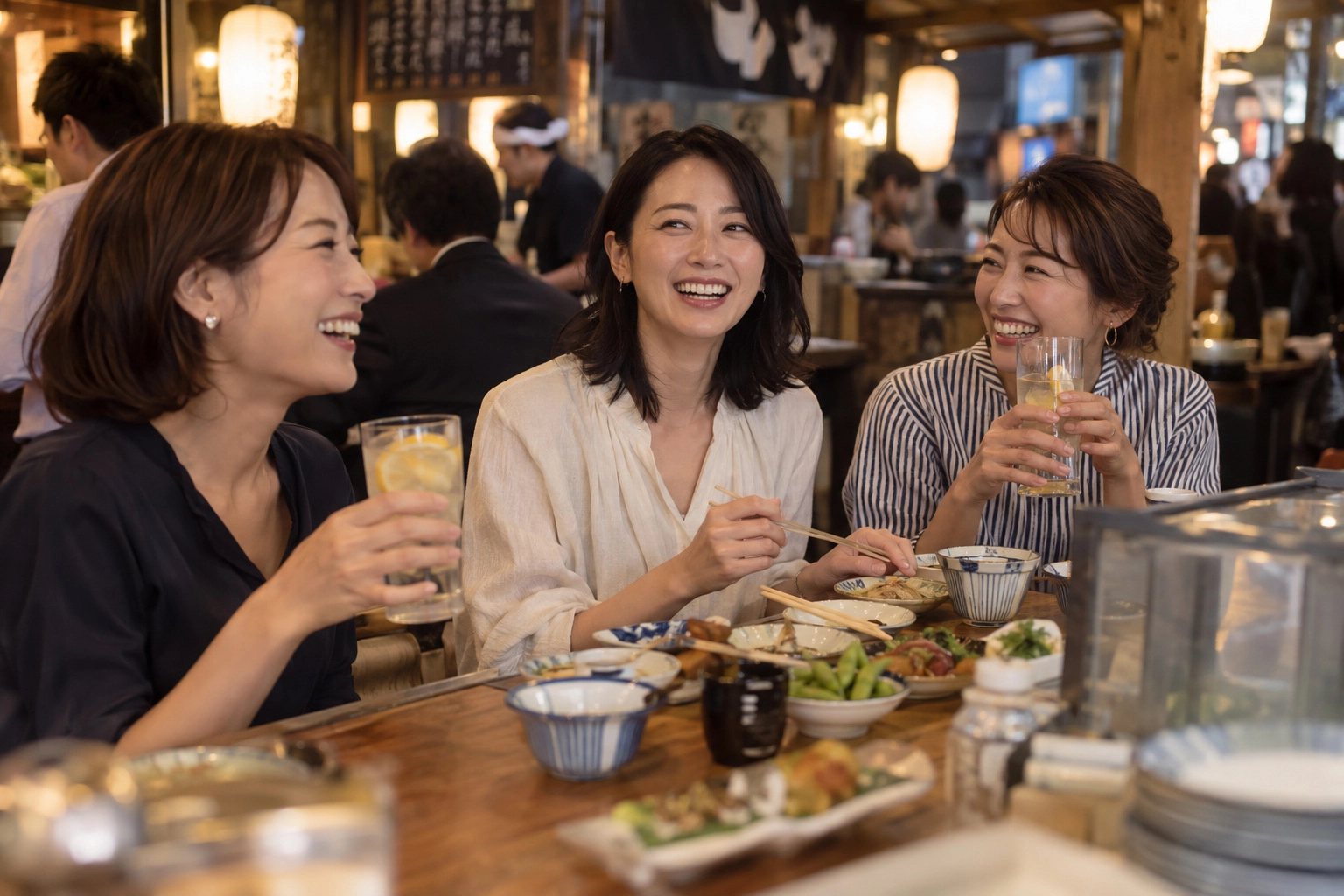 飲食店で友人との食事を楽しむ女性