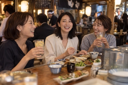飲食店で友人との食事を楽しむ女性