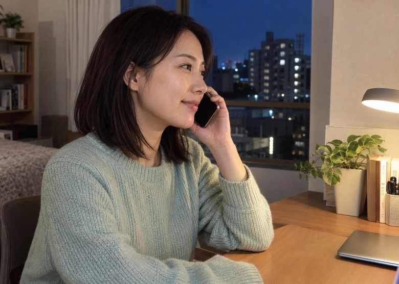 短い電話で、身近な人と声を交わす女性