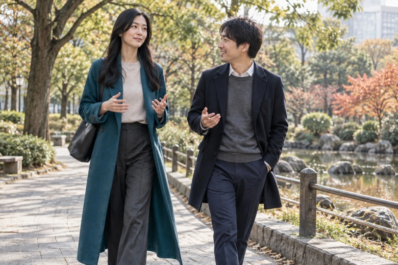 公園で知人と並んで歩く女性