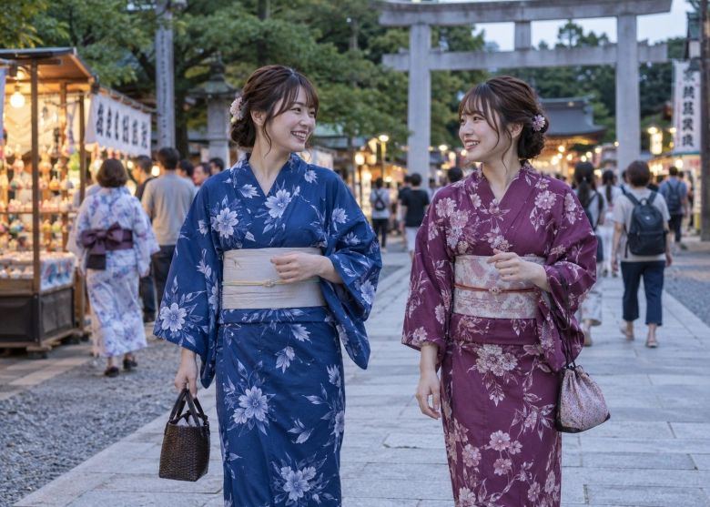 友達と浴衣で、花火の日の外出を楽しむ女性たち