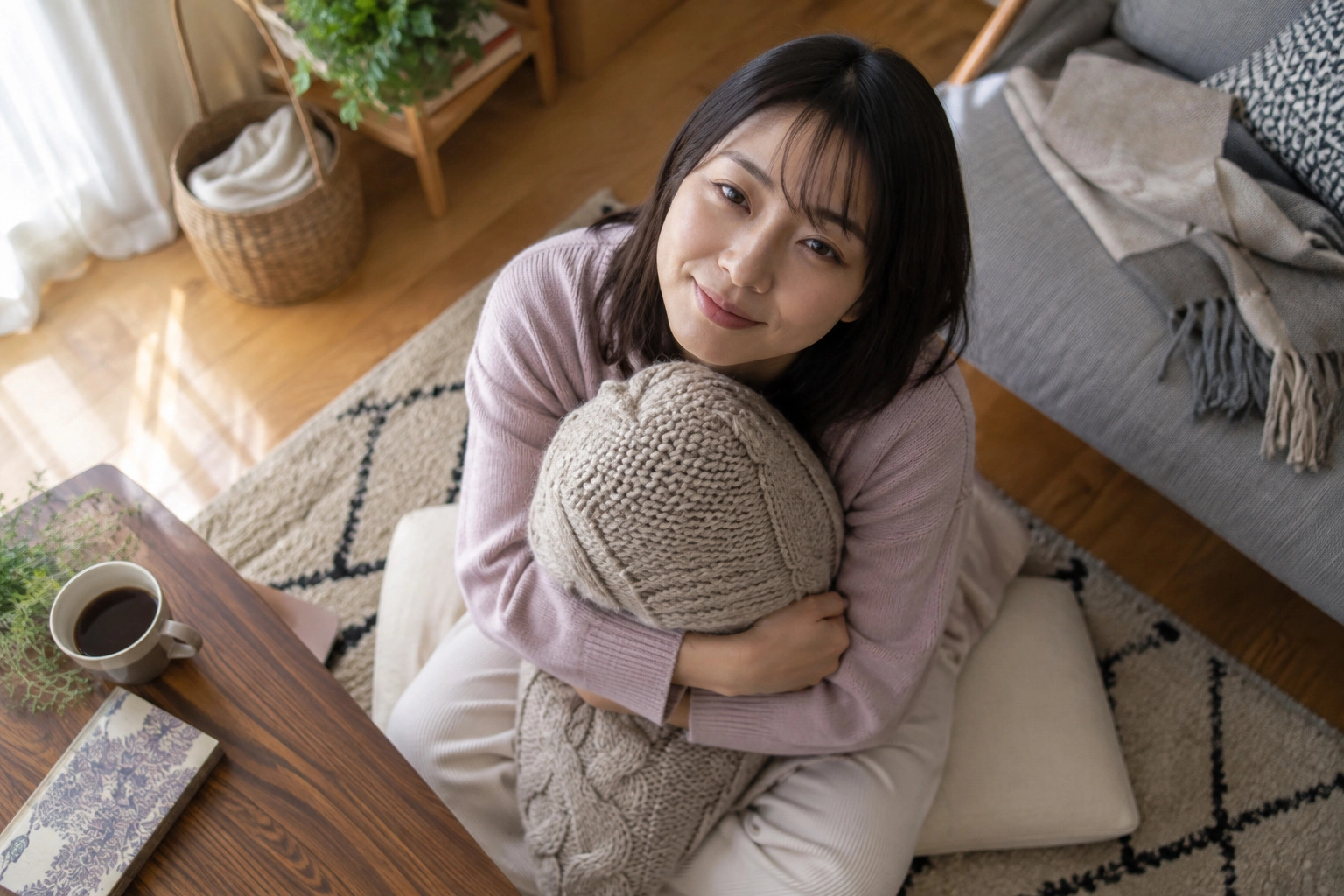 クッションを抱いて気持ちを落ち着ける女性