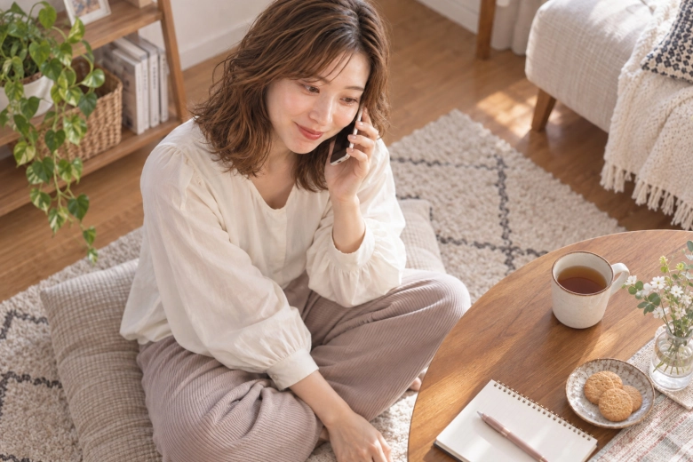 自宅で友人と電話をする女性