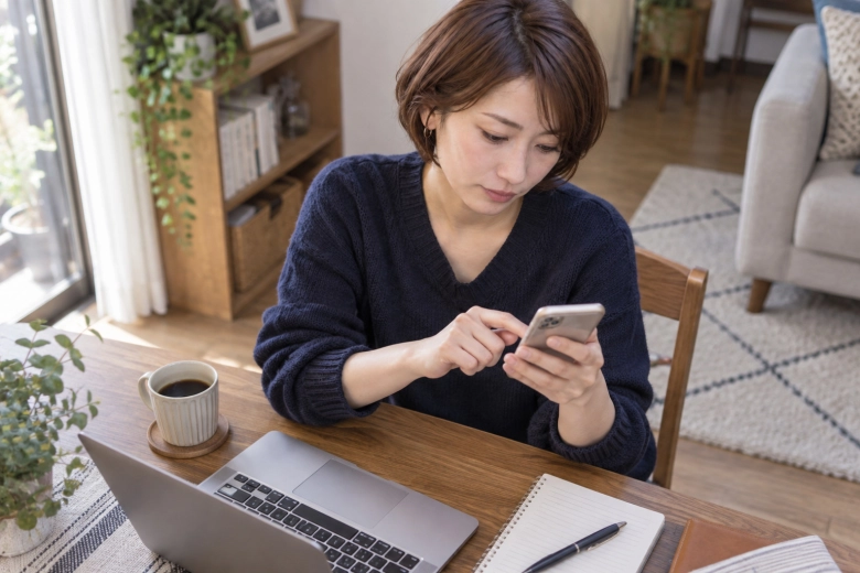 机で短いメッセージを送る女性