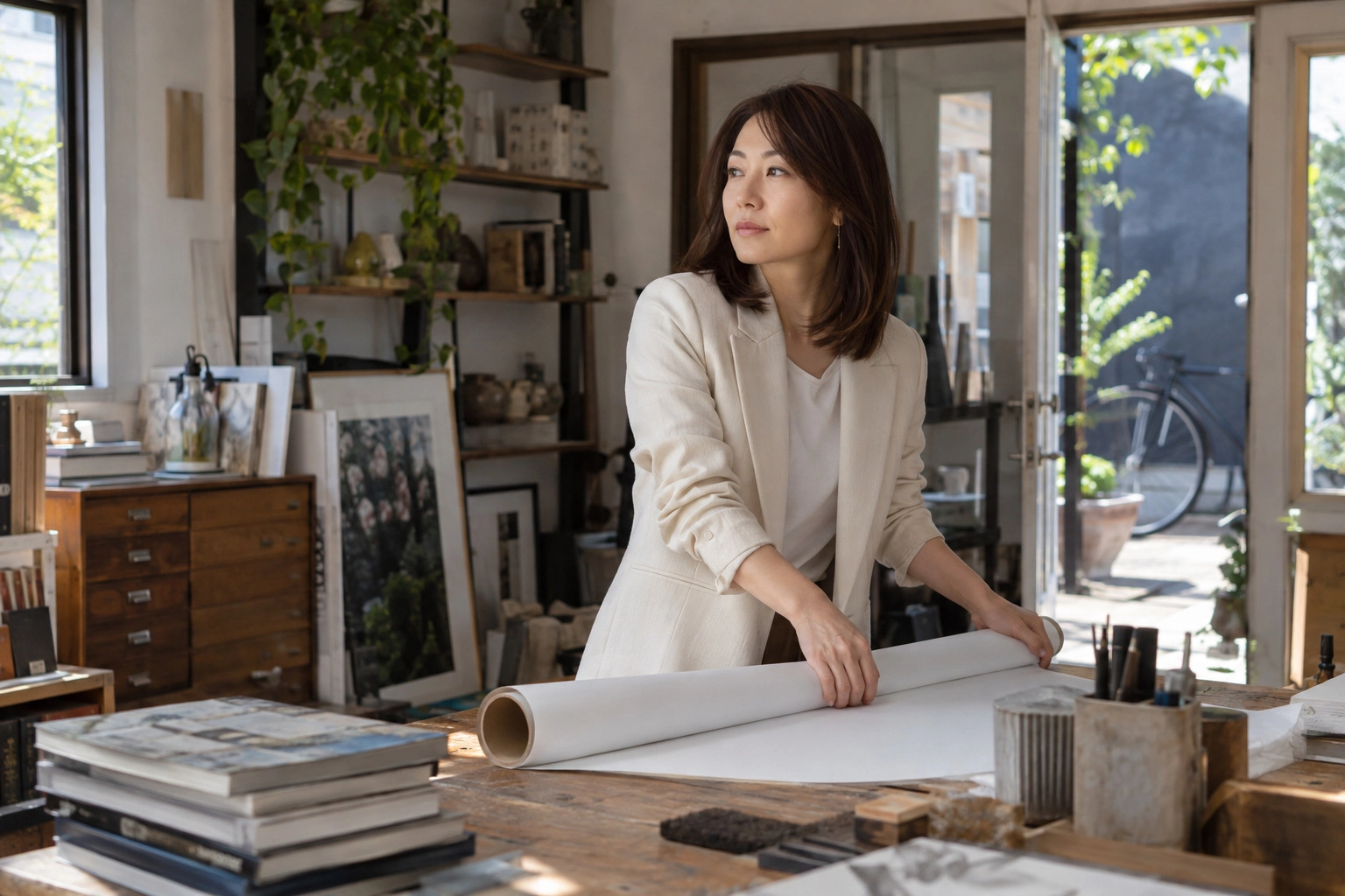 自分の工房で図面をまとめる女性