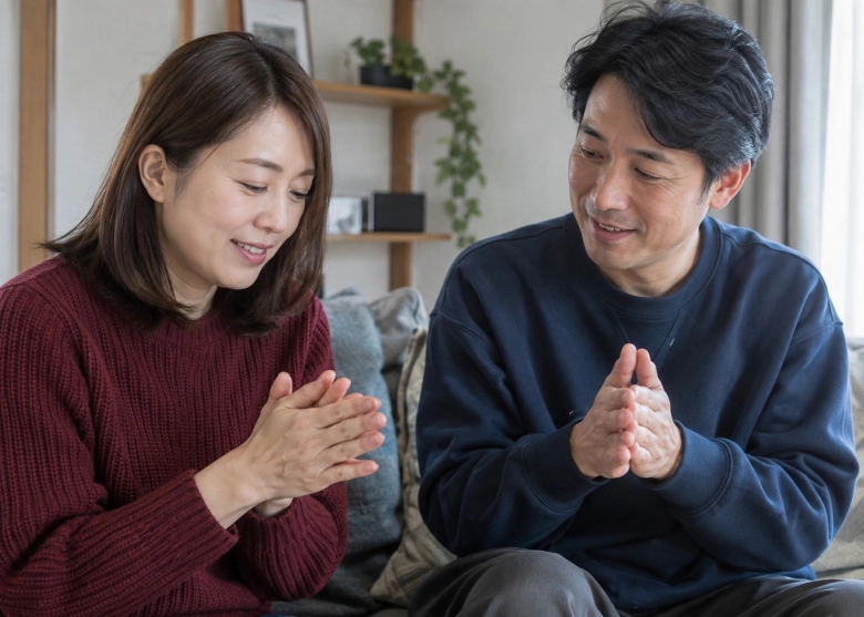 二人で手をこすって温める様子