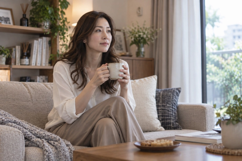 帰宅後に温かいお茶で休む女性